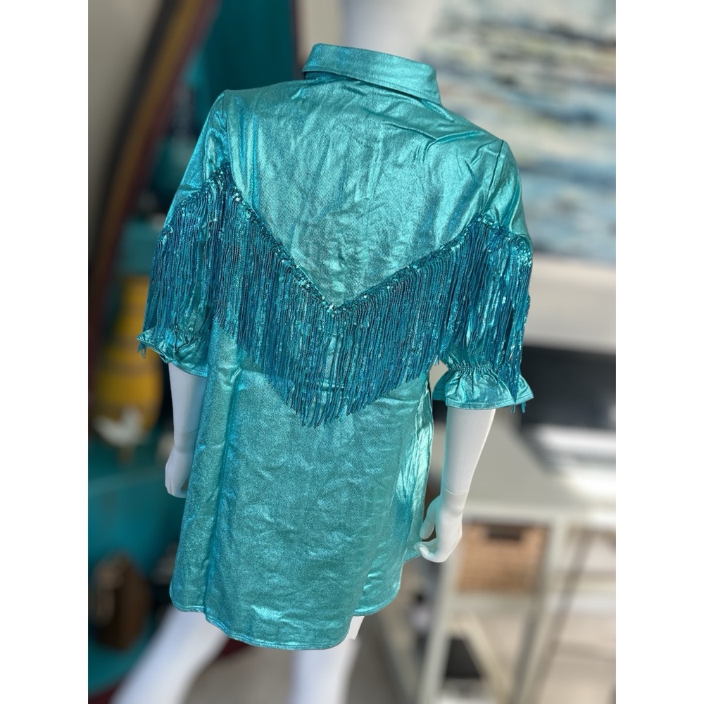 FANTASTIC FAWN Western vibe metallic aqua dress S M L - Picture 7 of 8